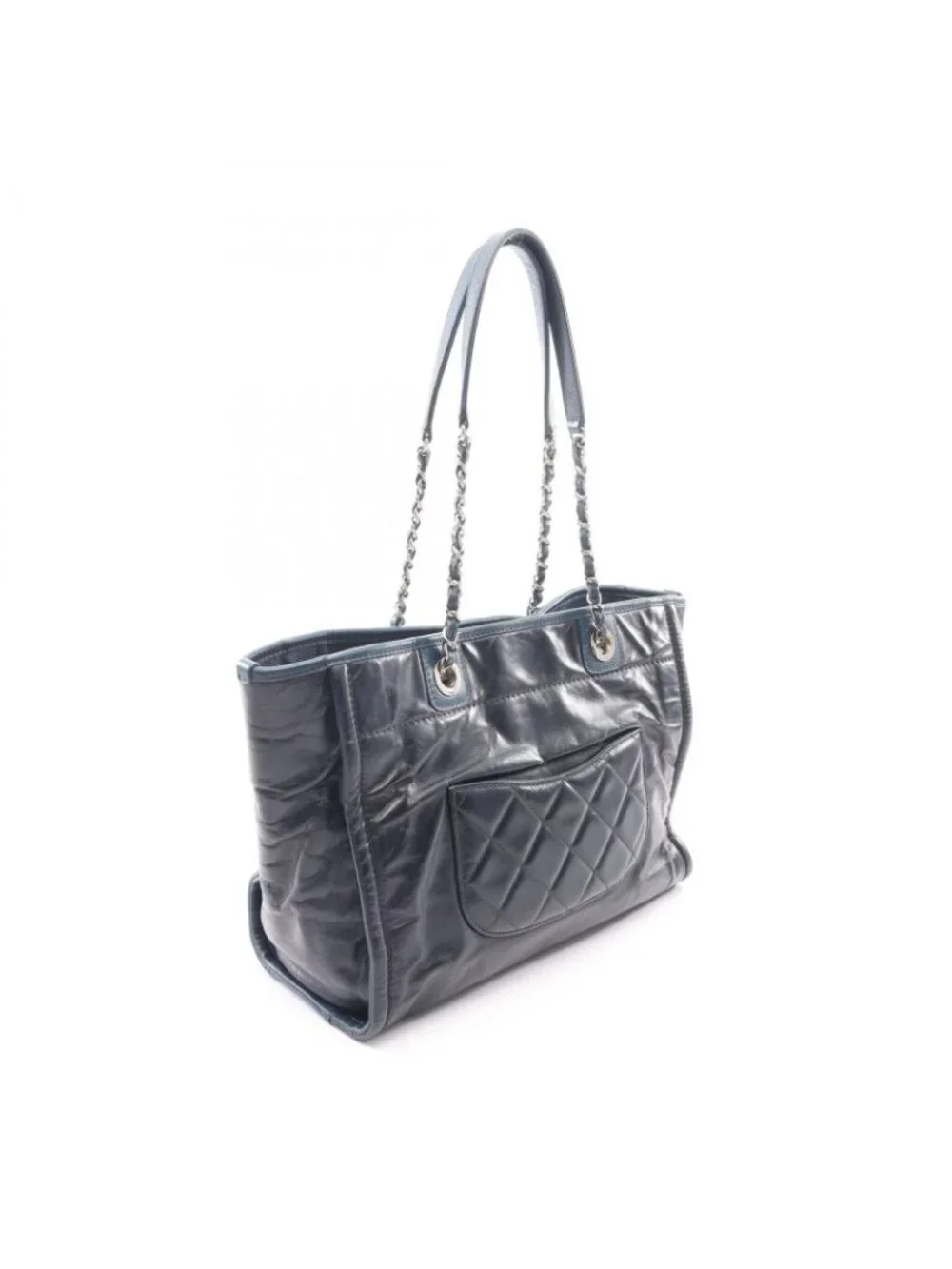 Chanel Tote Bag Deauville Dark Navy Leather Caviar Chain Shoulder Back